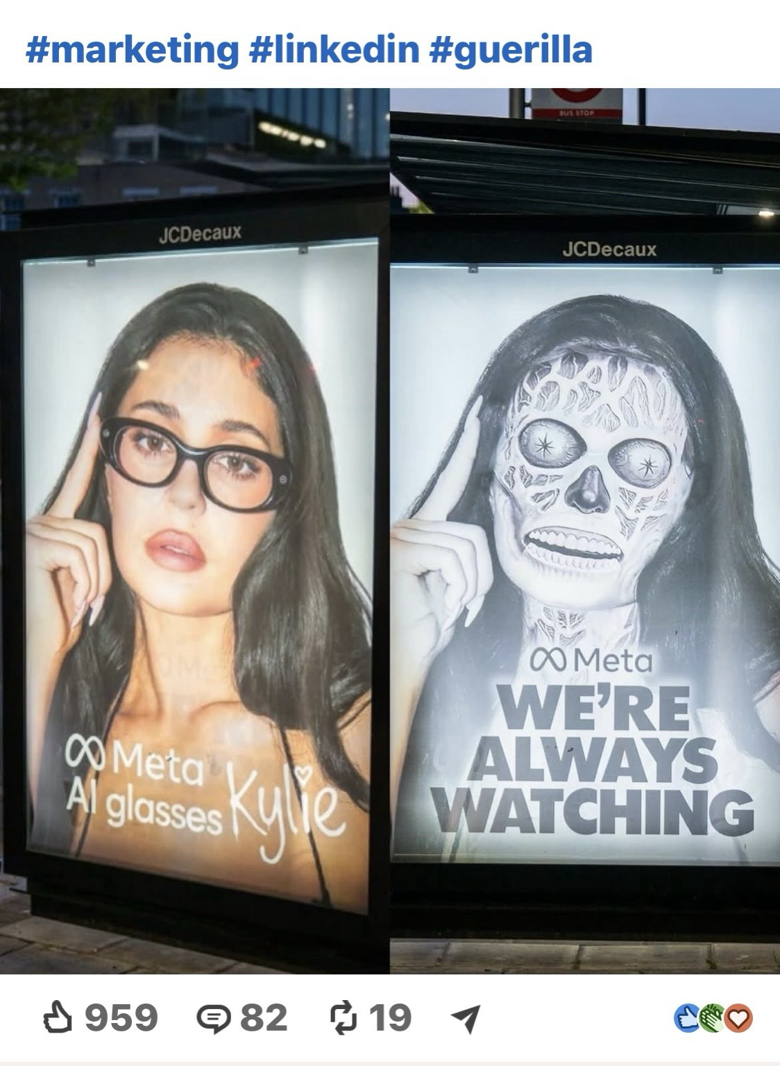 A Meta glass ad before and after a lenticular film that looks like something out of They Live.  The lenticular version says “we’re always watching.”