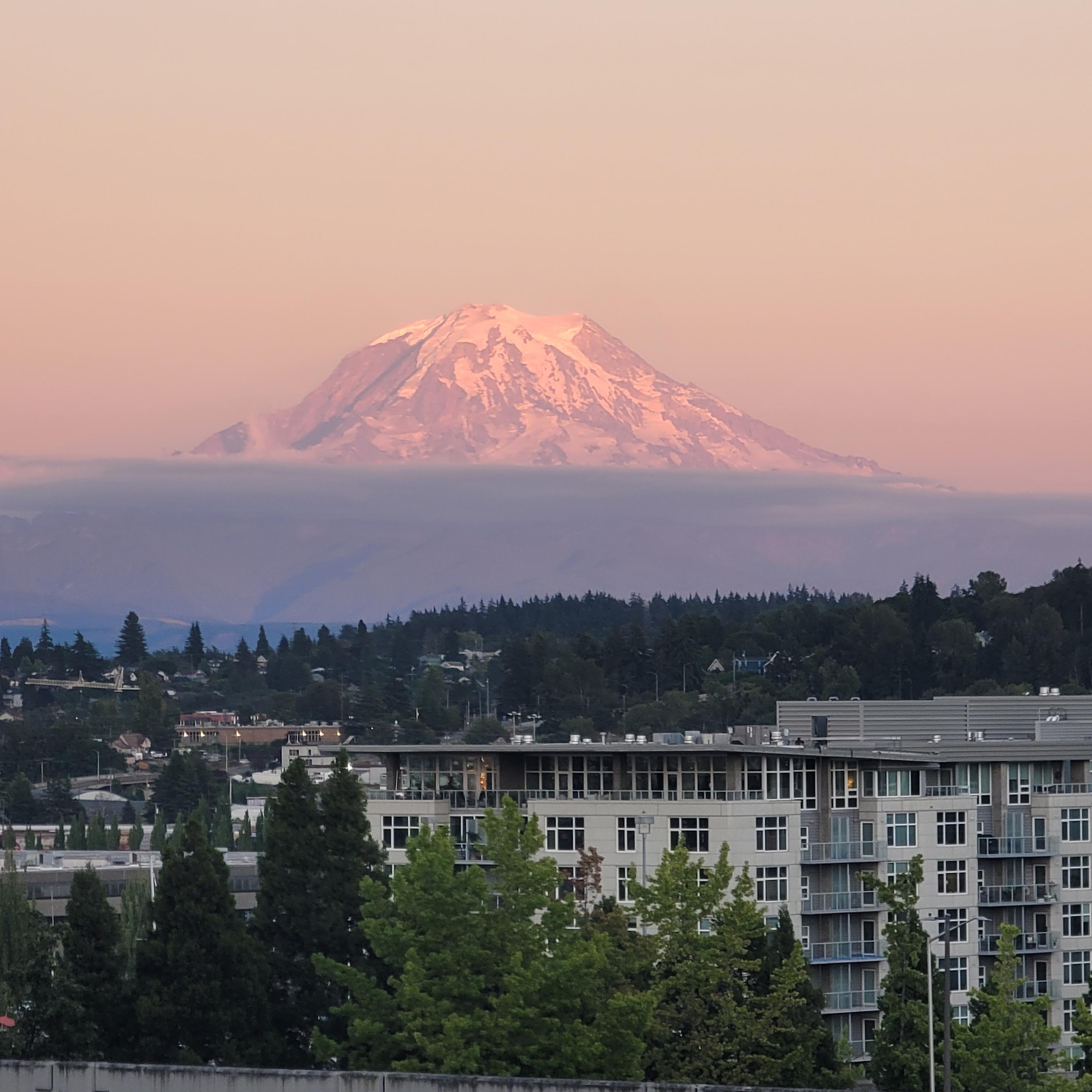 The pink, dusky top of Mount Rainier at sunset seemingly hovers on the clouds above downtown Tacoma on July 24, 2026